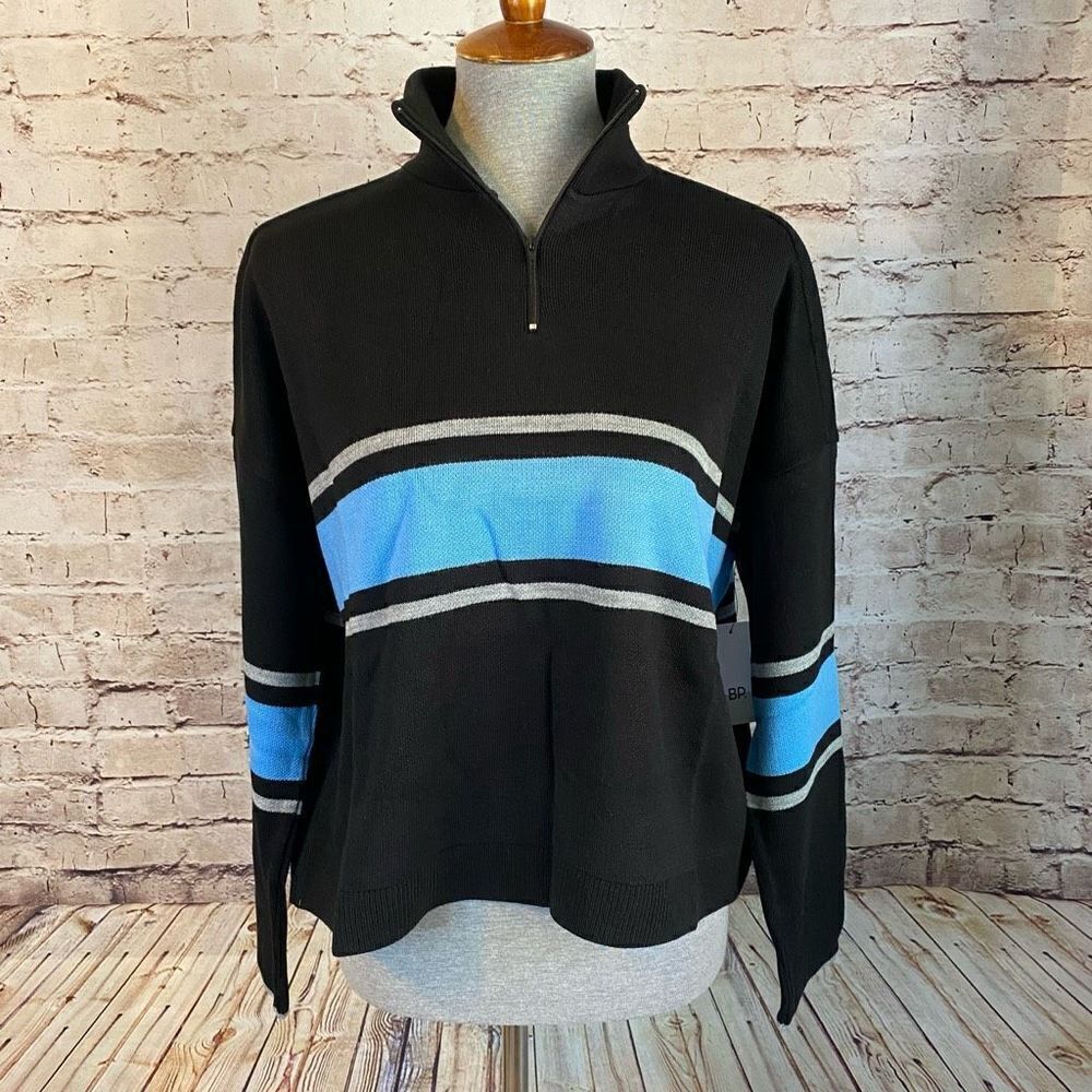 BP. Womens Black Blue Acrylic Mock Neck Quarter Zip Stripe Sweater Size XL NWT